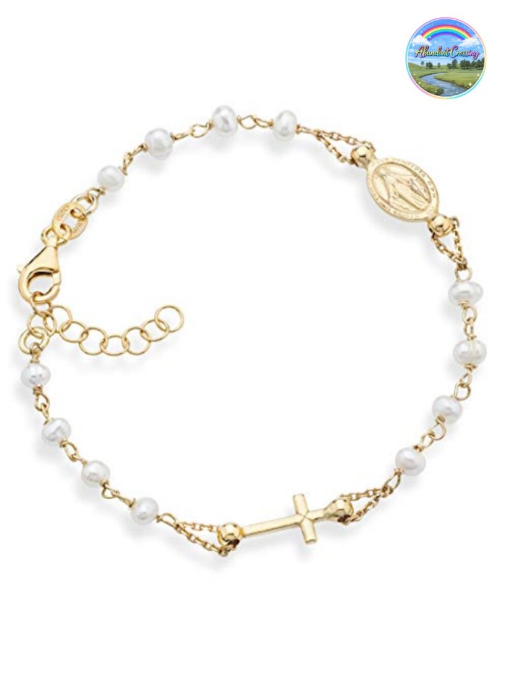 18K Gold Plated 925 Sterling Silver Pearl Rosary Cross Charm Bead Bracelet
